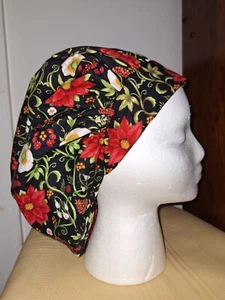 Red & White Flowers on Black Bouffant Medical Scrub Surgery Hat Size Large - Picture 1 of 2