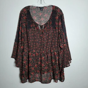 Torrid Babydoll Oberteil Übergröße 2X rote Rosen Glockenärmel Pullover halbtransparent  - Bild 1 von 5