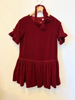 Gymboree 荷叶边天鹅绒红色女孩花式正装连衣裙 12 码带头带的孩子 — 第 1/4 张图片