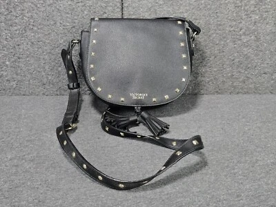 Victorias Secret Gold Studded Crossbody Tote Purse Bag Black Faux Leather  - Image 1 of 4