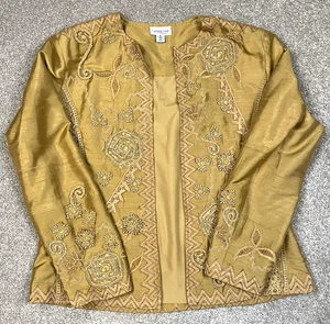 Coldwater Creek Jacket Women 100% Silk Med Yellow Embroidered Beads Open Front - Picture 1 of 6