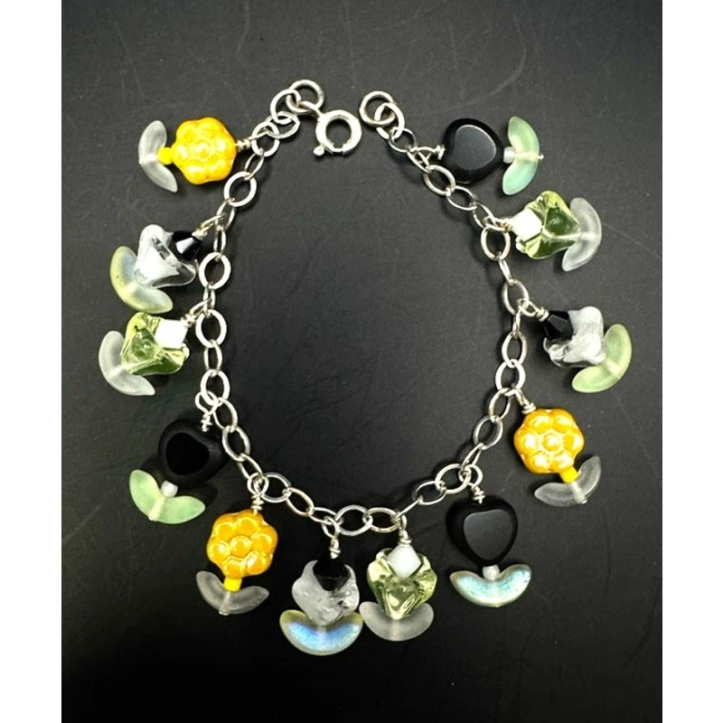 Colar de berloque de flor de contas de vidro de urânio prata esterlina  - Imagem 1 de 4