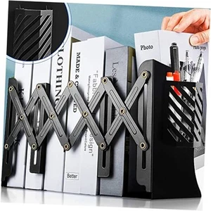 Heavy Duty Book Ends to Hold Books with Pen Holder, Adjustable Bookends, Metal - Picture 1 of 7