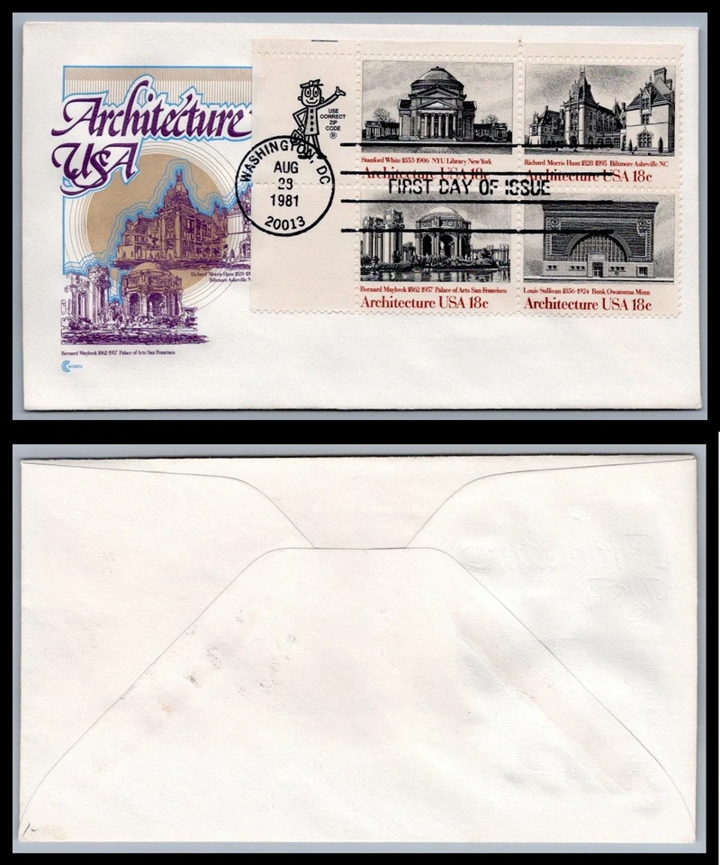 US FDC # 1928-1931 18c Architecture  CCCachets ZIP Block UL 1981, 9Q1047 - Image 1 of 1