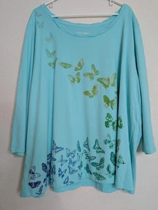 Top moda insetti taglia 4x donna manica 3/4 top farfalle blu 100% cotone - Foto 1 di 7