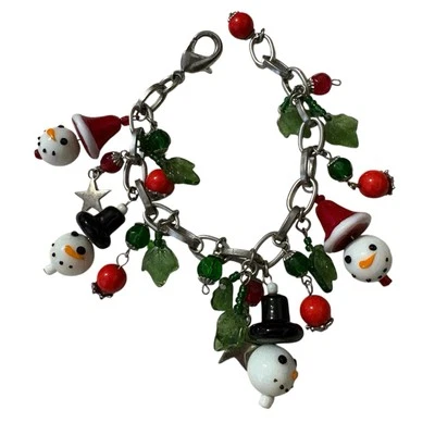 Christmas Glass Bead Bracelet Snowman Charm Bracelet Holiday Jewelry - Image 1 of 4