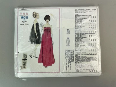 Vogue Pattern 6943 Misses Evening Dress Two Lengths Strapless 1960s Sz 12 - Image 1 of 4