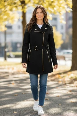 Abrigo para mujer Michael Kors negro forrado medio con cinturón guisante chaqueta Foto 1 de 4