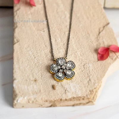Floral Uncut Diamond Pendant Necklace 925 Silver Polki Rose Cut Diamonds - Image 1 of 3