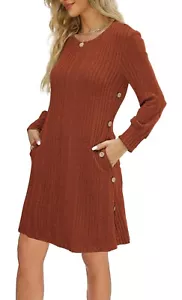 Vestido de manga larga para mujer básico cuello redondo túnica vestidos con bolsillos botón - Imagen 1 de 9