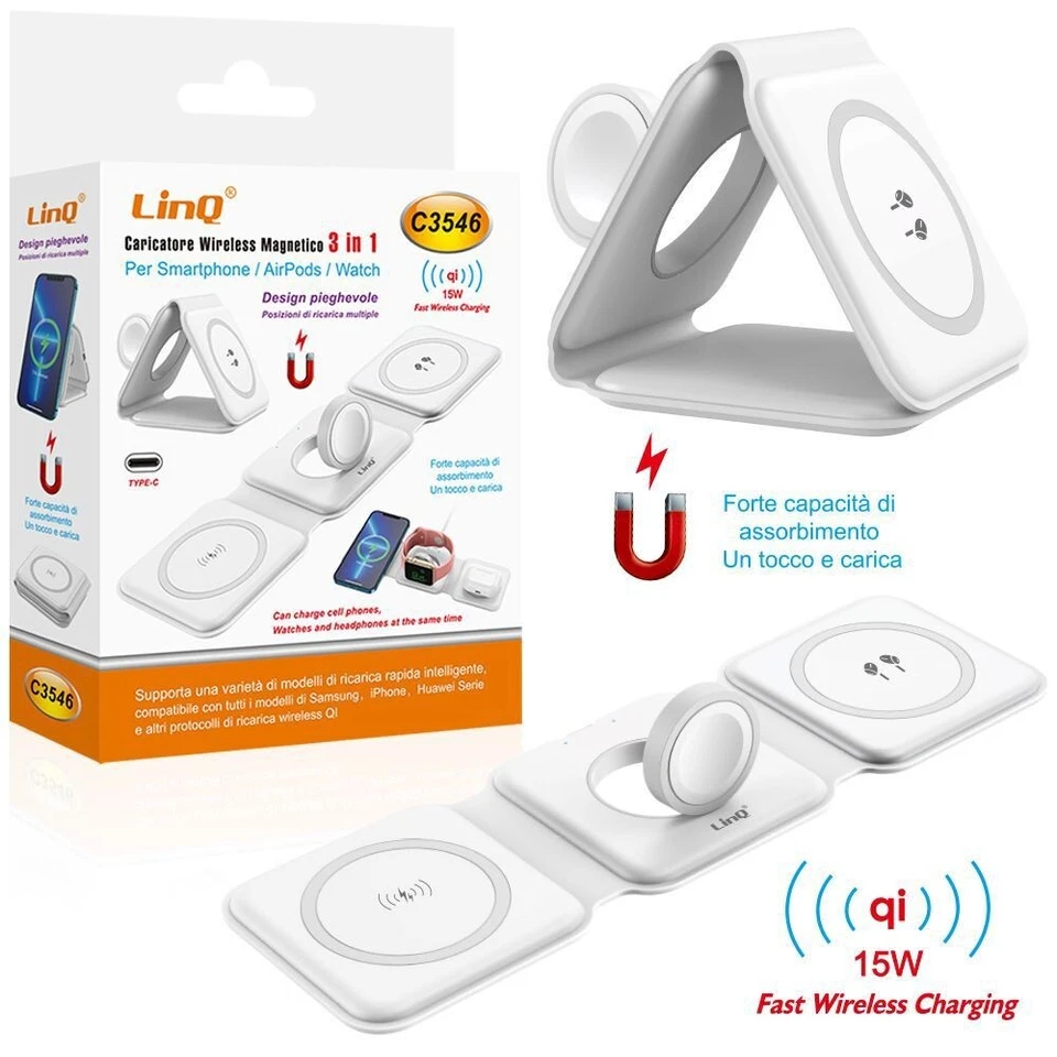 x Caricabatterie Wireless Magnetico 15W 3in1 Qi Smartphone Smartwatch Linq C3546 - Immagine 1 di 1