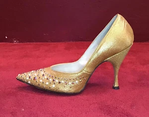 Vintage 50’s 60’s Joseph Larose Gold Lame Pump Rhinestones Heel Shoe NOS Evening - Picture 1 of 7