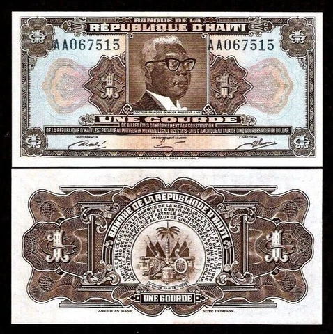 Haiti 1 GOURDE P-230A 1979 Rare TYVEK Dr. DUVALIER ABNC Haitian UNC Money NOTE Cover