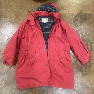 VINTAGE Woolrich Parka Jacket Womens Large Red Plaid Lined Hooded Coat - Picture 1 of 7