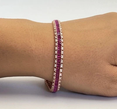 Tennis Bracelet 10Ct Created Red Ruby Women's Bridal Gift 14K White Gold Finish - Image 1 of 4