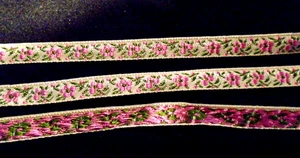 Vintage woven 1/4" trim / ribbon - pink flowers green leaves. 10 yards - Photo 1/4