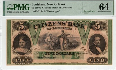 Louisiana - Citizens Bank $5 - Elección PMG Sin Circular 64 Foto 1 de 2