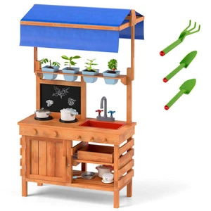 Mud Kitchen Wooden Pretend Play Kitchen w/ Height Adjustable Canopy - Picture 1 of 8