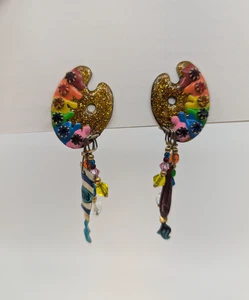 Vintage Lunch at the Ritz Artist Paint Palette Enameled Dangle Clip Earrings - Bild 1 von 6