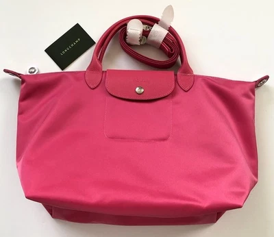 New Longchamp Le Pliage Cuir Nylon Zip Tote Shoulder Bag Pink 10"H 12-17"W 6"D - Image 1 of 4