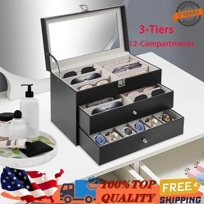 Caja de Reloj Cuero Vitrina Organizador 24 Ranuras Vidrio Joyería Almacenamiento Hombres NUEVO Foto 1 de 4