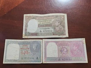 British India 3 Banknotes Lot, Tape Residues, Tear - Picture 1 of 9