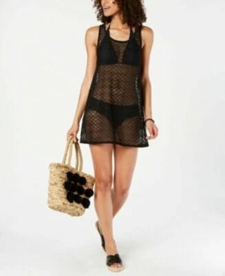Miken Crocheted Swimsuit Cover-Up Dress With Tassels Size Large Black NEW - Image 1 of 4