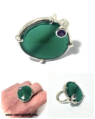 anello argento 925 Da Donna Con Pietra Onice Verde E Ametista Anelli Grandi - Immagine 1 di 4