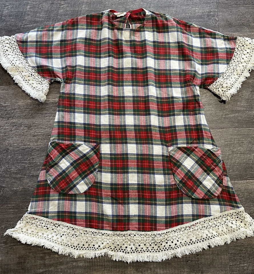 复古 Kamore 圣诞格子棉质蕾丝换装连衣裙 M/L 口袋 * 阅读 — 第 1/4 张图片