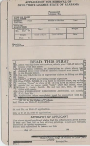 Solicitud de licencia de conducir de Alabama 1947-1948 - casi como nueva, efímera - Imagen 1 de 1