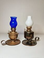 Mini Blue And White Glass Copper Castle Oil Lamps Made In Hong Kong 4.5"
