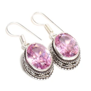 Pink Morganite Gemstone Handmade 925 Sterling Silver Jewelry Oval Earring 1.50" - Picture 1 of 3