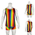 Comfortable Rainbow Stripe Tight Sleeveless Tank Pajamas Set for Men's Sleep