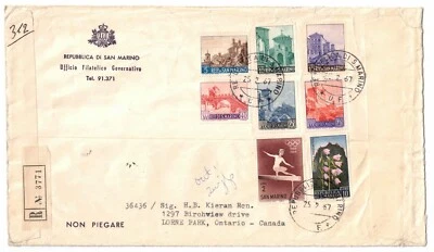 FUNDA REGISTRADA ENVIADA DESDE REP. DI SAN MARINO A ONTARIO CANADÁ, 25.2.67 Foto 1 de 2