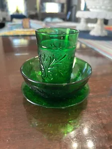Vintage 3pc Set Forest Green Anchor Hocking Sandwich Glass Cup Saucer Custard - Picture 1 of 6
