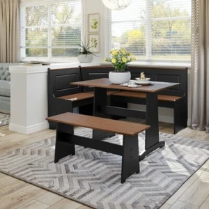 3 pc Black Brown Top Breakfast Nook Dining Set Corner Booth Bench Kitchen Table - Picture 1 of 12
