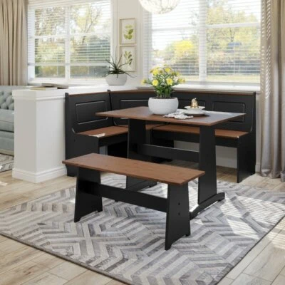 3 pc Black Brown Top Breakfast Nook Dining Set Corner Booth Bench Kitchen Table - Image 1 of 4