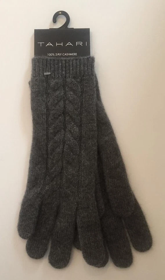 NEW WITH TAGS  TAHARI BRAND  100% CASHMERE  GRAY  CABLE KNIT  GLOVES  ONE SIZE - Image 1 of 1