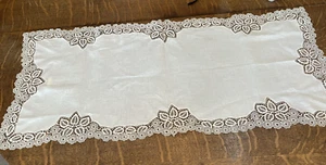 Vintage Off-White Linen Table Runner with Embroidery and Openwork 15" W x 35" L - Picture 1 of 8