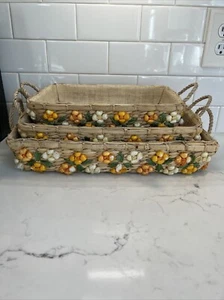 Vintage Wicker Woven Raffia Fruit & Veg Baskets Casserole Carriers Servers 3 PC - Picture 1 of 3