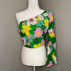 SUGARLIPS Wrenly Floral Cool it One Shoulder Bell Sleeve Top XS Boho 70sVibe NWT - Picture 1 of 10