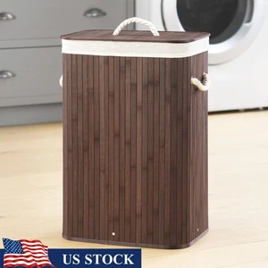 Bamboo Laundry Hamper W/ Rope Handles Removable Liner Home Organization New - Picture 1 of 5