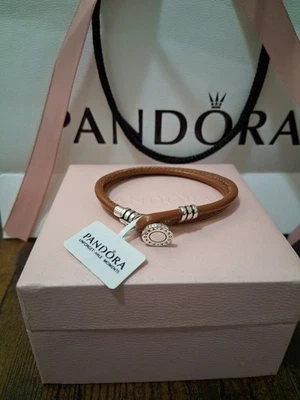 PULSERA PANDORA MOMENTS AUTÉNTICA NUEVA DE CUERO DOBLE DORADO TOSTADO 6,7 PULGADAS Foto 1 de 4