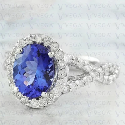 Anillo de boda ovalado de diamantes y tanzanita natural de 4,28 quilates 100 % oro blanco sólido de 14 k Foto 1 de 4