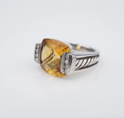 David Yurman Deco Albion Ring Diamond Citrine 14mm Sterling Silver Size 7 RS3698 - Image 1 of 3