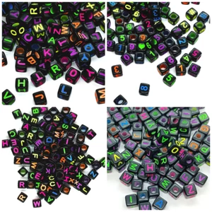 cube black neon colourful acrylic beads 6 ,7, 10mm letter alphabets, 6mm number - Picture 1 of 16