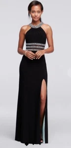 BLONDIE NITES Beaded High Neck Evening Dress w Illusion Cutouts At Waist Size 13 - Picture 1 of 8