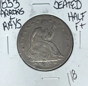 1853 MEDIO DÓLAR DE PLATA LIBERTY SENTADO FLECHAS Y RAYOS ~ FINO+ ~BONITA MONEDA~ - Imagen 1 de 2