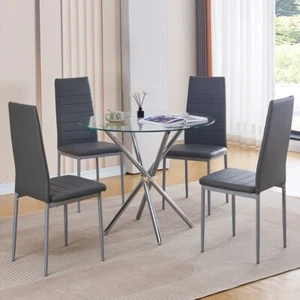 4x Grey Faux Leather Dining Chairs&Round Tempered Glass Silver Legs Dining Table - Picture 1 of 12