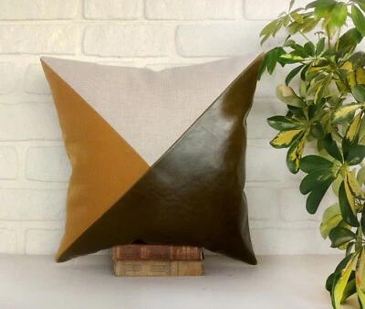 Olive green-mustard-beige color diagonal faux leather  pillow cover - Image 1 of 4